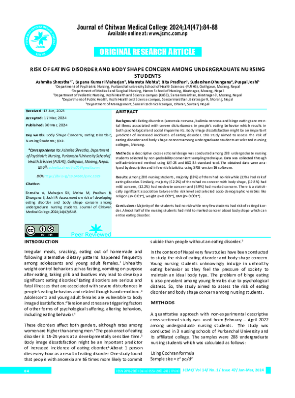 (PDF) Risk of Eating Disorder and Body Shape Concern Among ...