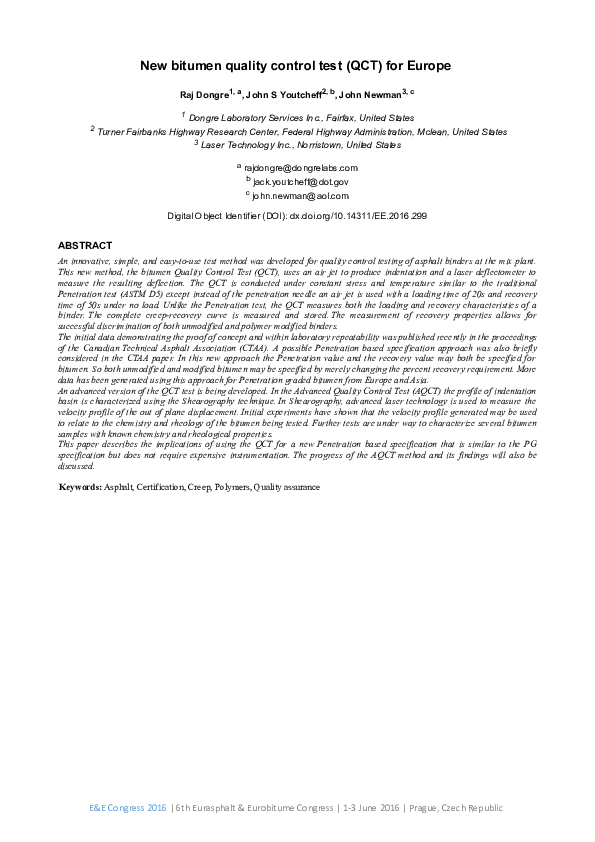 (PDF) New bitumen quality control test (QCT) for Europe