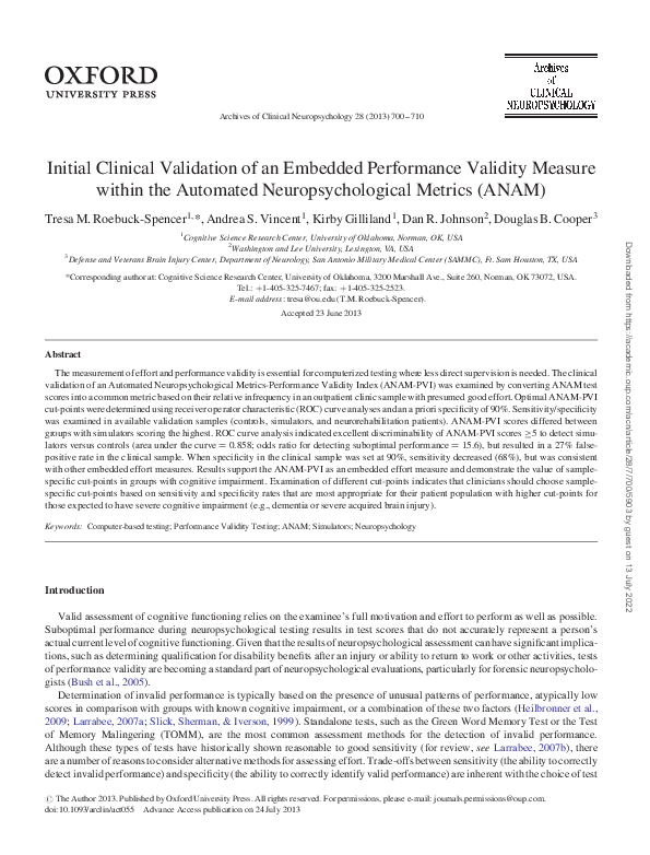 (PDF) Initial Clinical Validation of an Embedded Performance Validity ...
