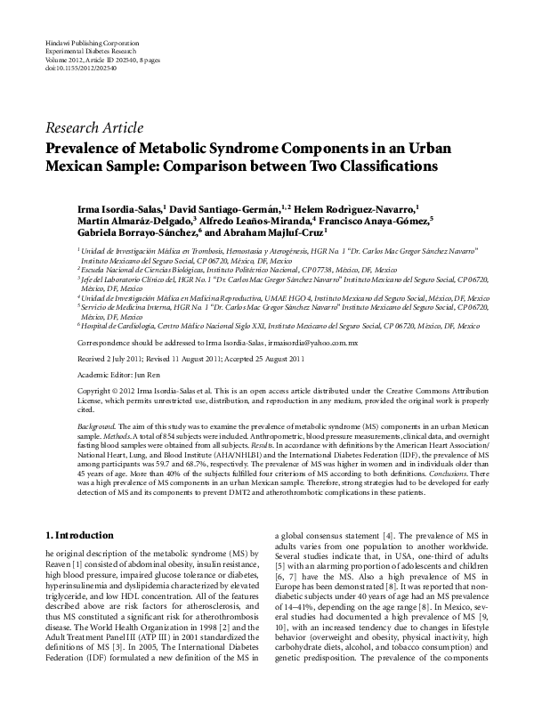 (PDF) Prevalence of Metabolic Syndrome Components in an Urban Mexican ...