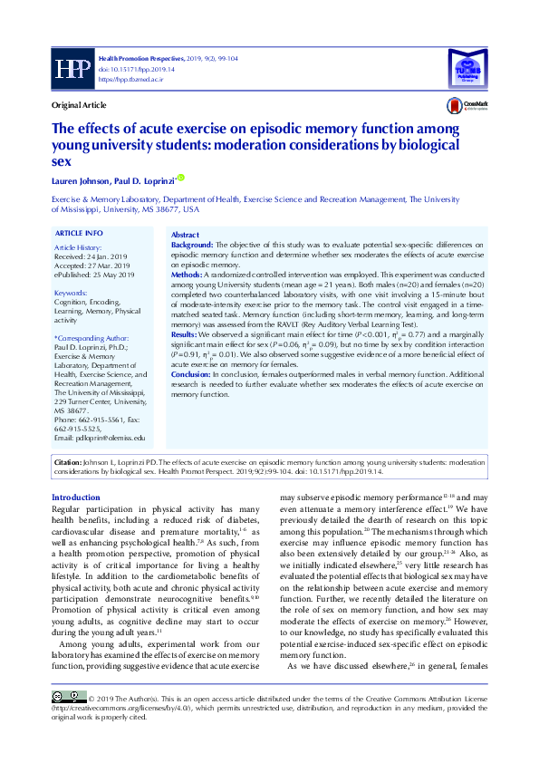 (PDF) The effects of acute exercise on episodic memory function among ...