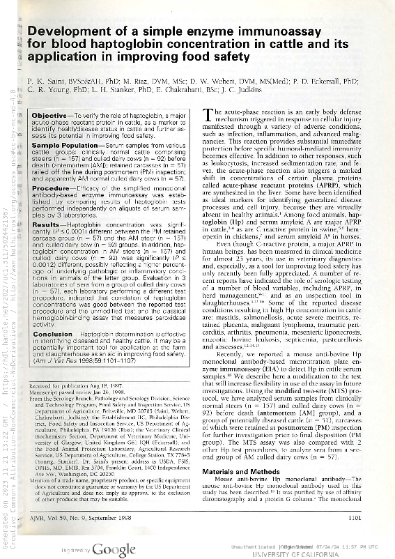 (PDF) Development of a simple enzyme immunoassay for blood haptoglobin ...