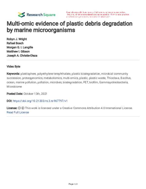 (PDF) Multi-omic evidence of plastic debris degradation by marine ...