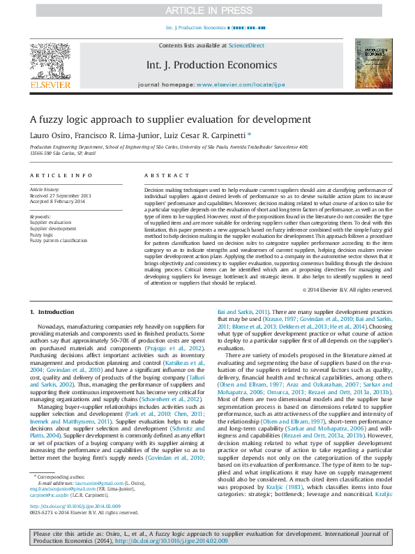(PDF) A fuzzy logic approach to supplier evaluation for development