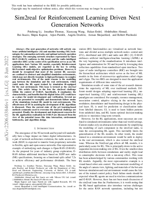 (PDF) Sim2real for Reinforcement Learning Driven Next Generation Networks