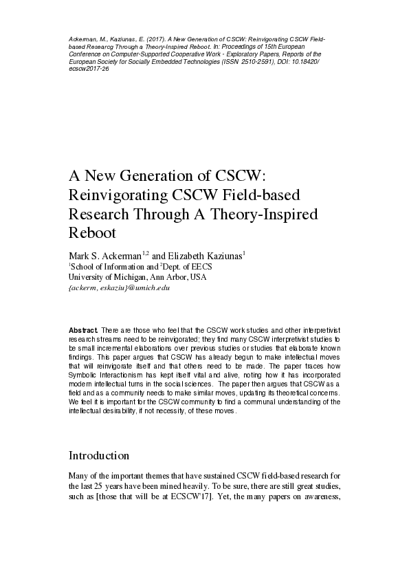 (PDF) A New Generation of CSCW: Reinvigorating CSCW Field-based ...