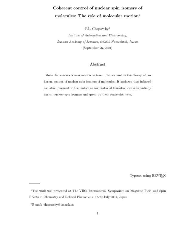 (PDF) Coherent control of nuclear spin isomers of molecules: the role ...