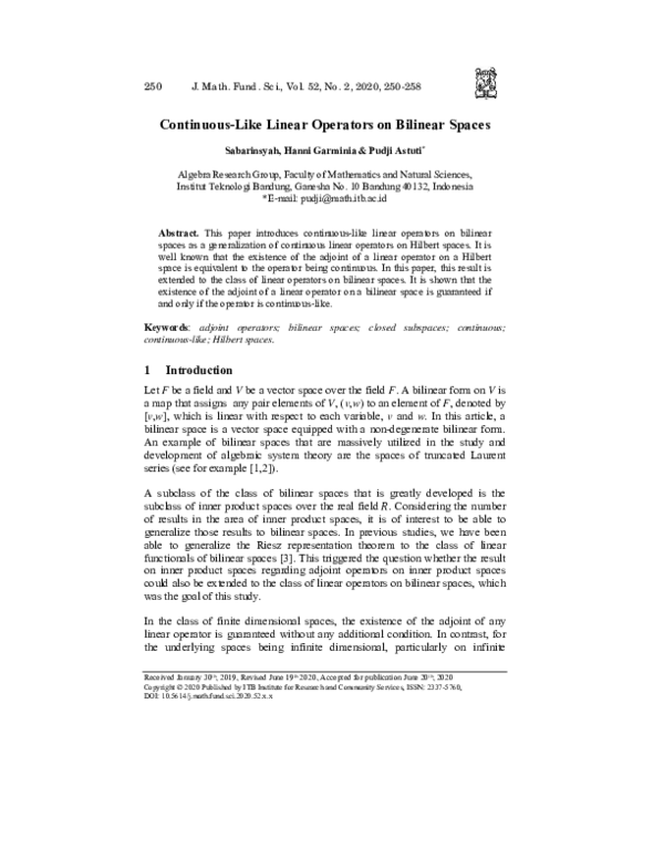(PDF) Continuous-Like Linear Operators on Bilinear Spaces