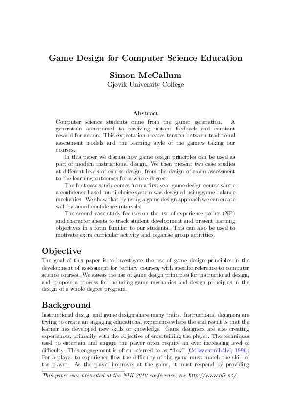 (PDF) Game Design for Computer Science Education