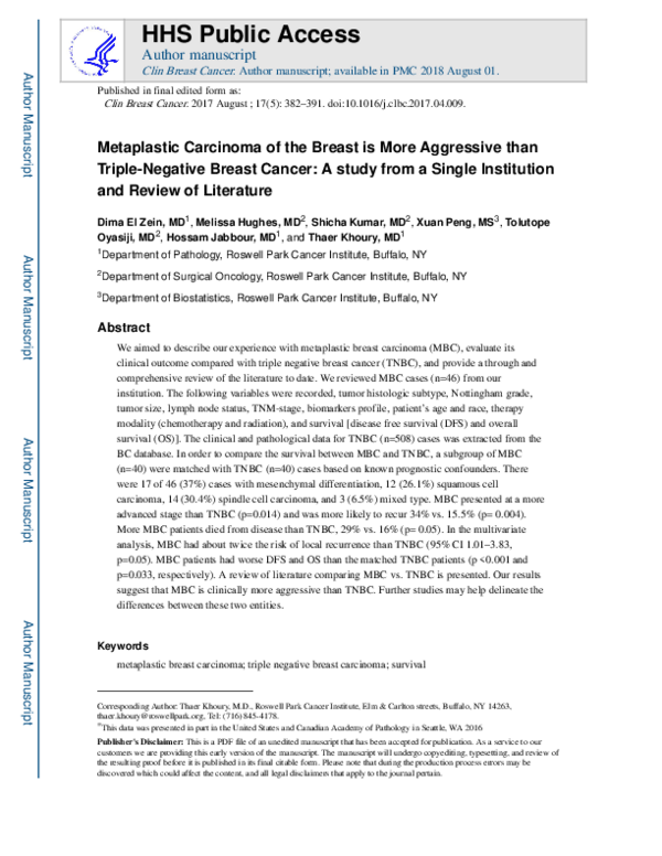 (PDF) Metaplastic Carcinoma of the Breast Is More Aggressive Than ...