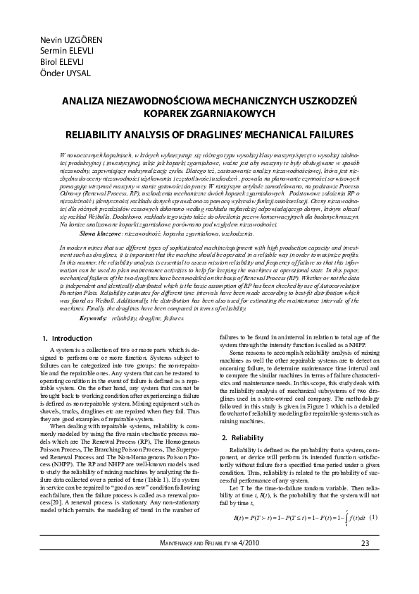(PDF) Reliability Analysis of Draglines’ Mechanical Failures