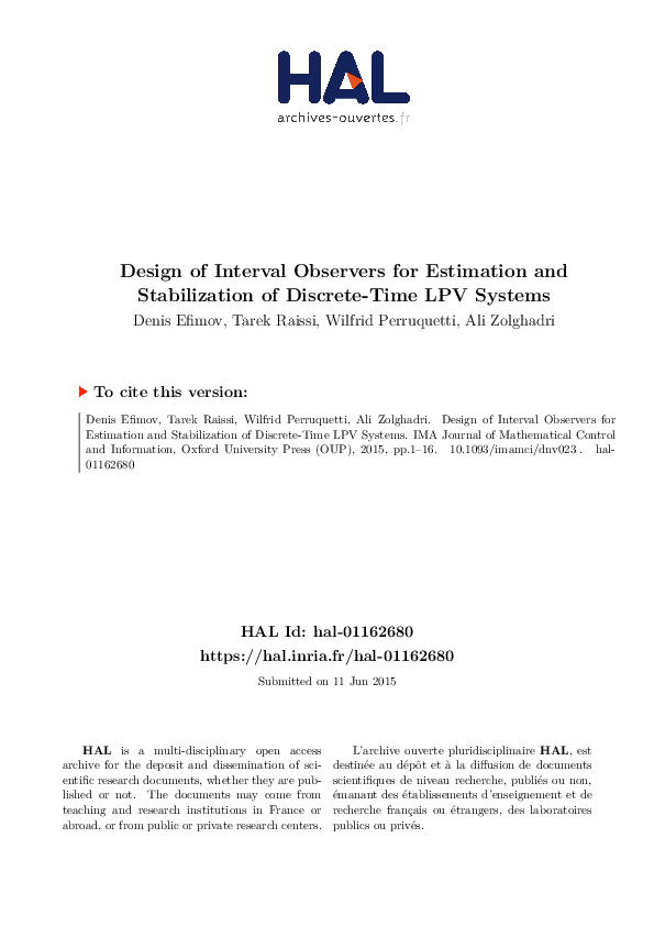 (PDF) Design of interval observers for estimation and stabilization of ...
