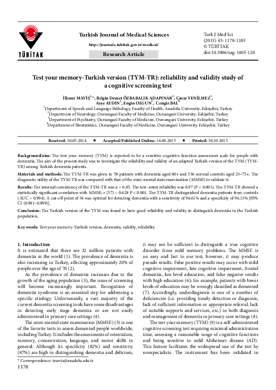 (PDF) Test your memory-Turkish version (TYM-TR): reliability and ...
