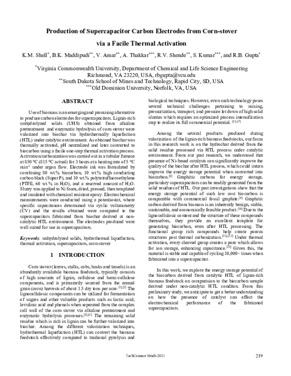 (PDF) Production of Supercapacitor Carbon Electrodes from Corn-stover ...