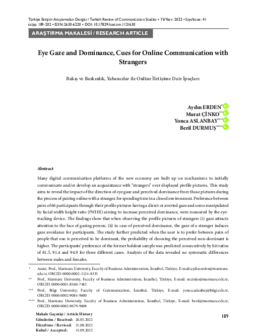 (PDF) Eye Gaze and Dominance, Cues for Online Communication with Strangers
