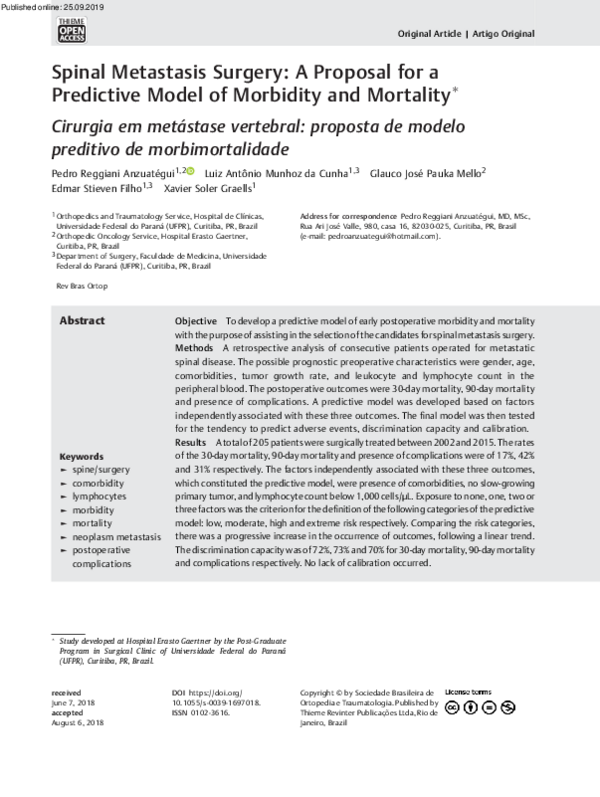 (PDF) Spinal Metastasis Surgery: A Proposal for a Predictive Model of ...
