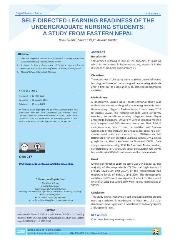 (PDF) Self-Directed Learning Readiness of the Undergraduate Nursing ...