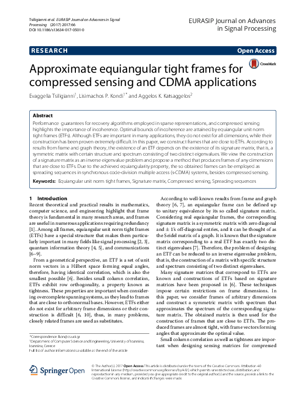 (PDF) Approximate equiangular tight frames for compressed sensing and ...