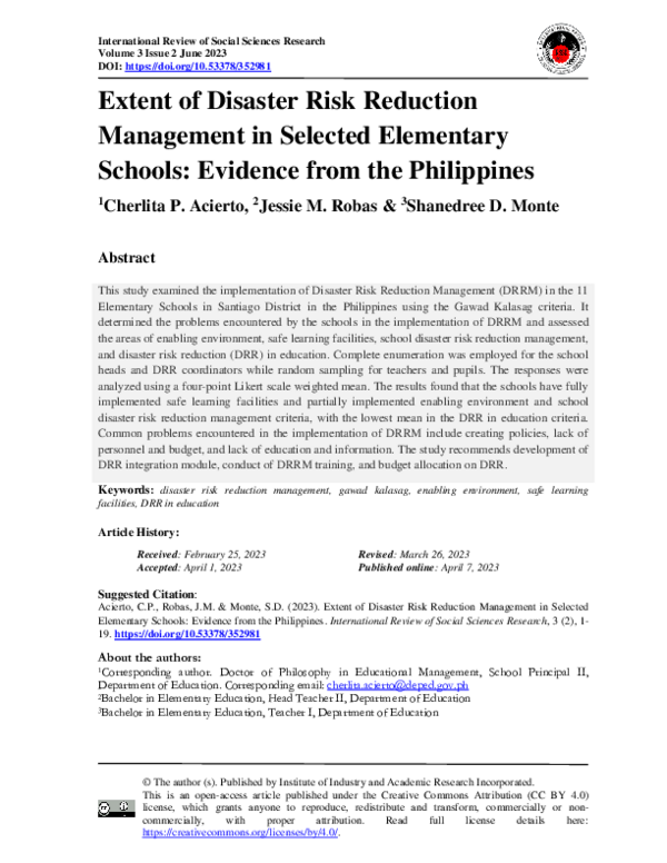 (PDF) Extent of Disaster Risk Reduction Management in Selected ...