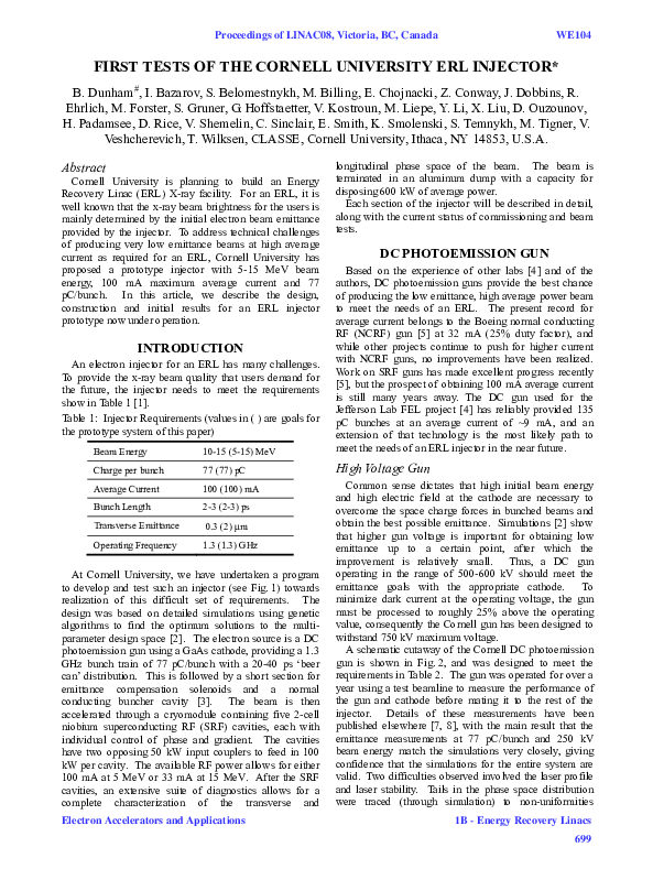 (PDF) First Tests of the Cornell University ERL Injector
