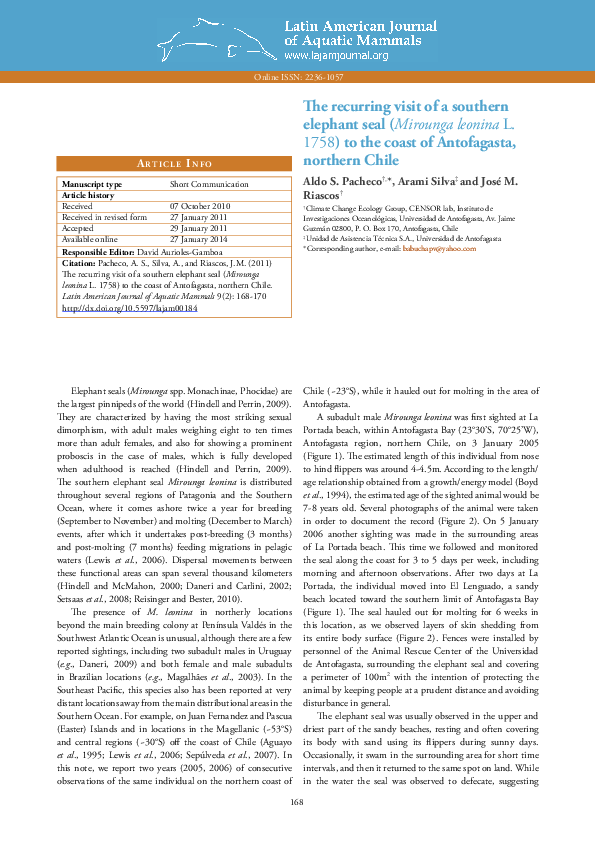 (PDF) The recurring visit of a southern elephant seal (Mirounga leonina ...