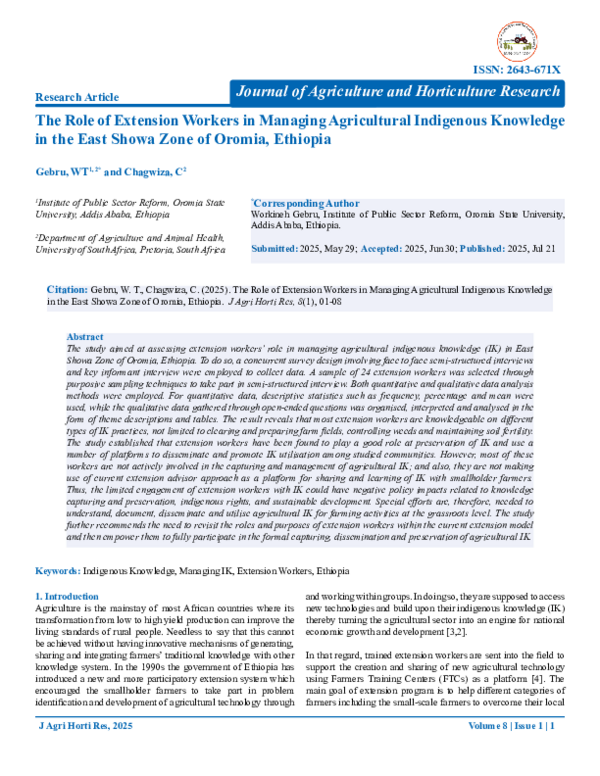 (PDF) The Role of Extension Workers in Managing Agricultural Indigenous ...