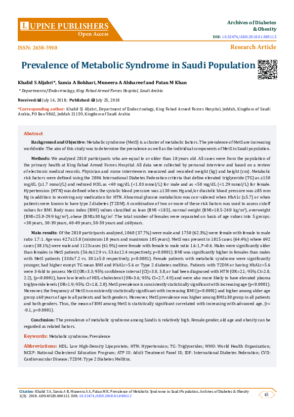 (PDF) Prevalence of Metabolic Syndrome in Saudi Population