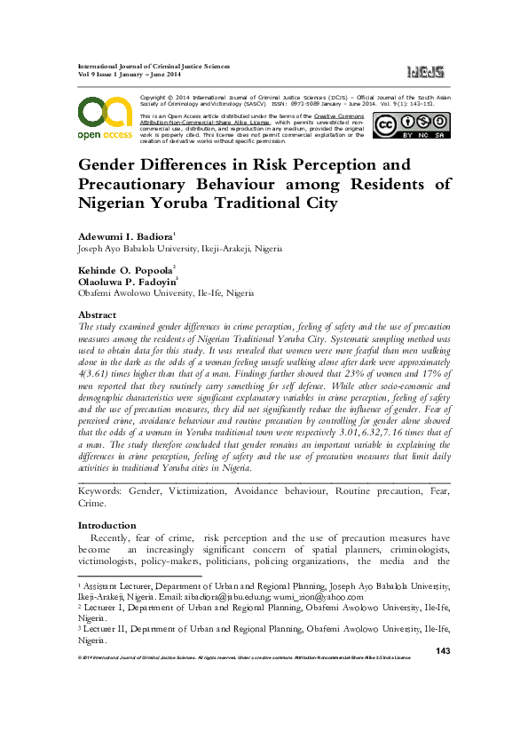 (PDF) Gender Differences in Risk Perception and Precautionary Behaviour ...