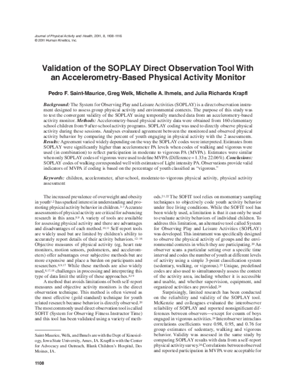 (PDF) Validation of the SOPLAY Direct Observation Tool With an ...