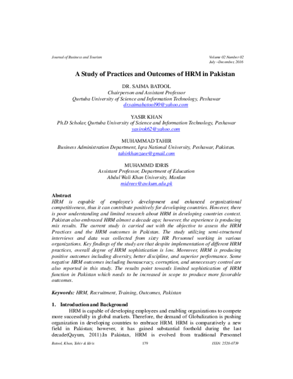 (PDF) A Study of Practices and Outcomes of HRM in Pakistan