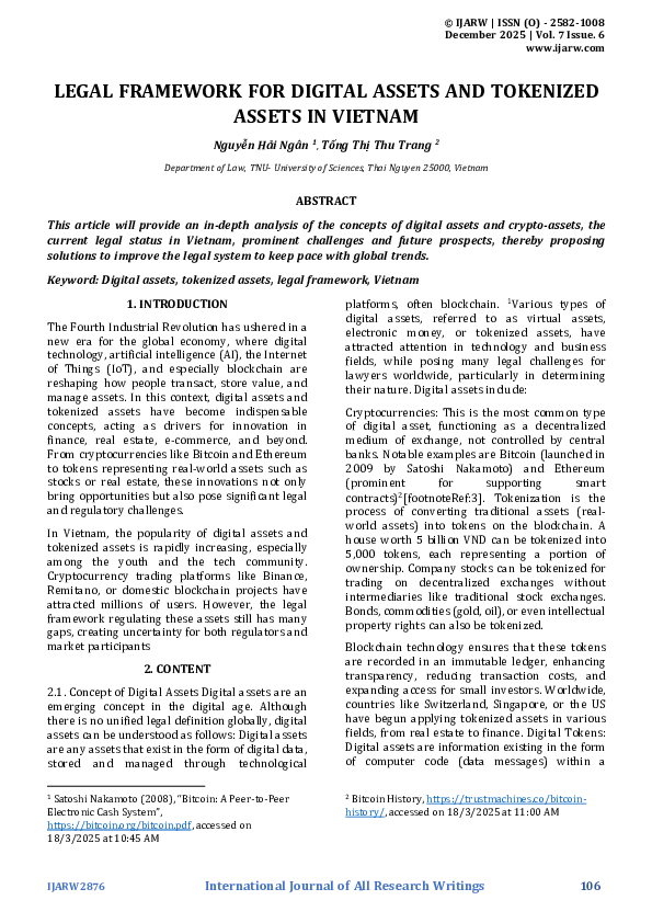 (PDF) LEGAL FRAMEWORK FOR DIGITAL ASSETS AND TOKENIZED ASSETS IN VIETNAM