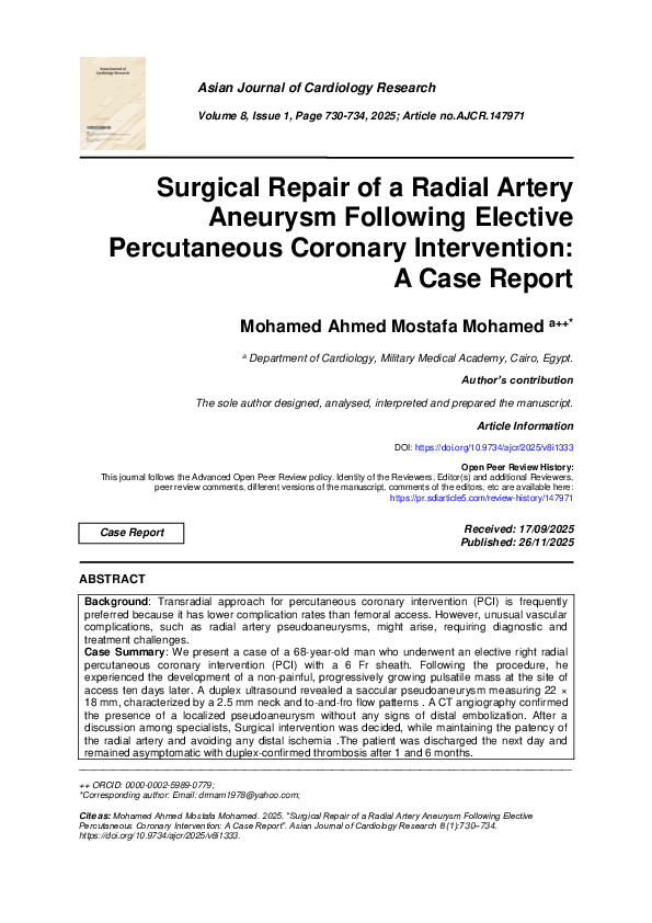 (PDF) Surgical Repair of a Radial Artery Aneurysm Following Elective ...