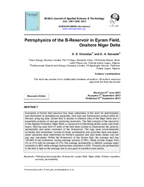 (PDF) Petrophysics of the B-Reservoir in Eyram Field, Onshore Niger Delta