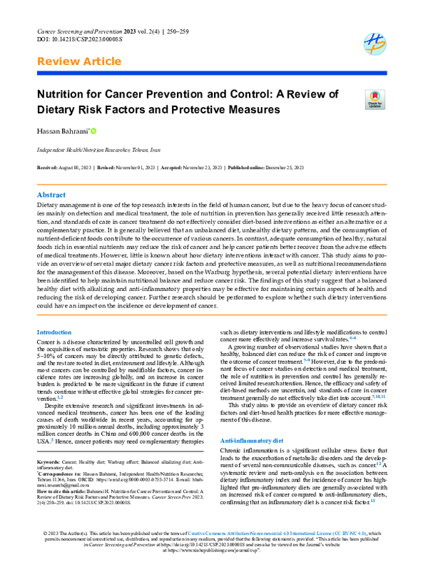 (PDF) Nutrition for Cancer Prevention and Control: A Review of Dietary ...