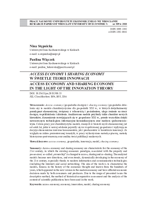 (PDF) Access Economy and Sharing Economy in the Light of the Innovation ...