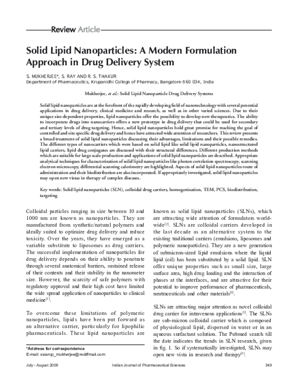 (PDF) Solid lipid nanoparticles: A modern formulation approach in drug ...