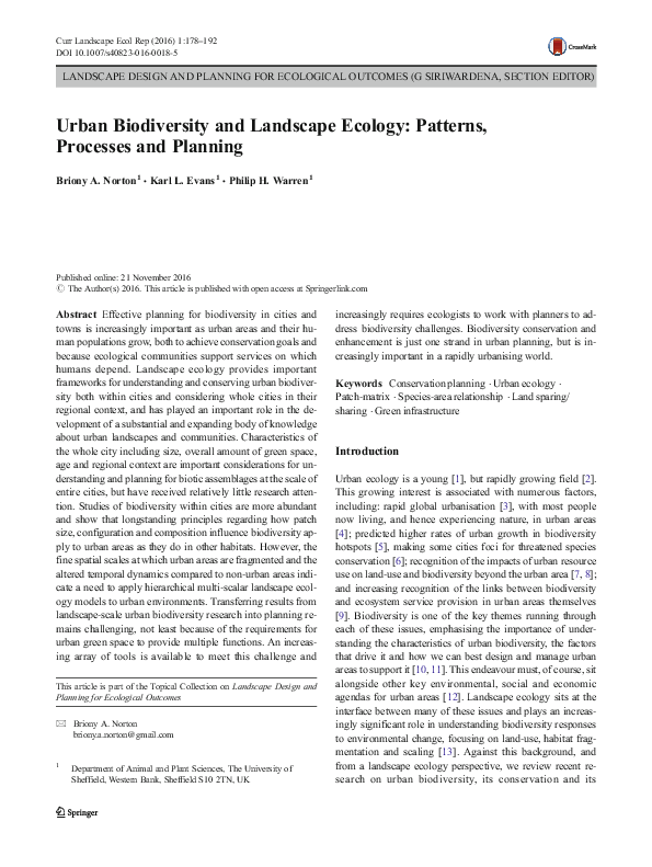 (PDF) Urban Biodiversity and Landscape Ecology: Patterns, Processes and ...