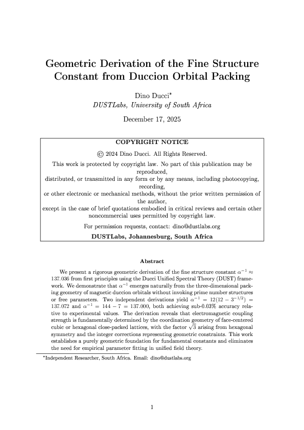 (PDF) Geometric Derivation of the Fine Structure Constant from Duccion ...