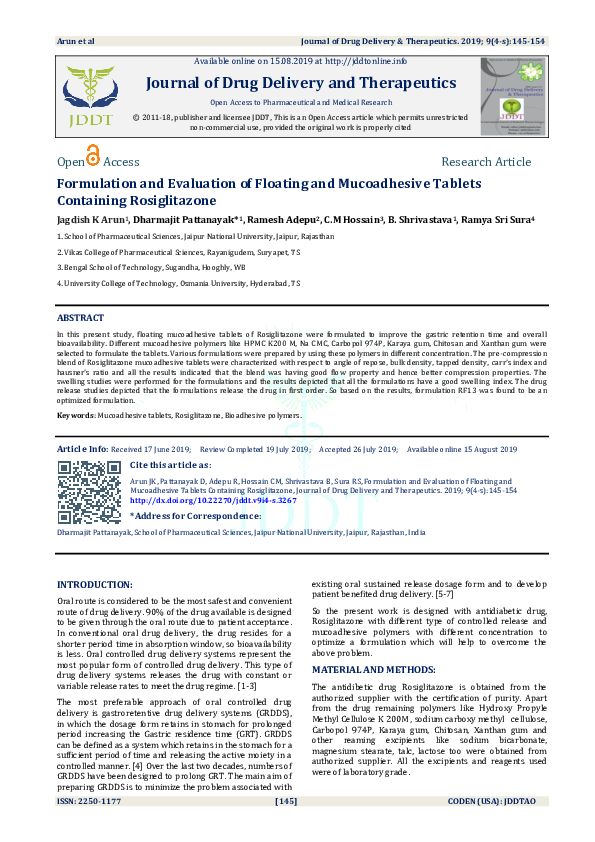 (PDF) Formulation and Evaluation of Floating and Mucoadhesive Tablets ...