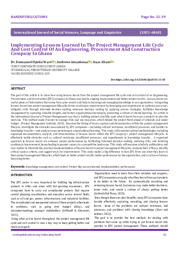 (PDF) Implementing Lessons Learned In The Project Management Life Cycle ...