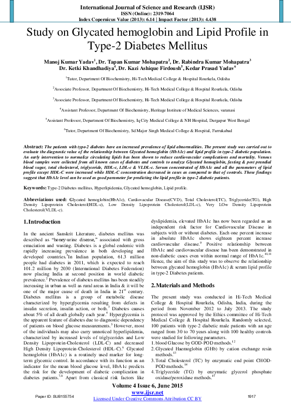 (PDF) Study on Glycated hemoglobin and Lipid Profile in Type-2 Diabetes ...