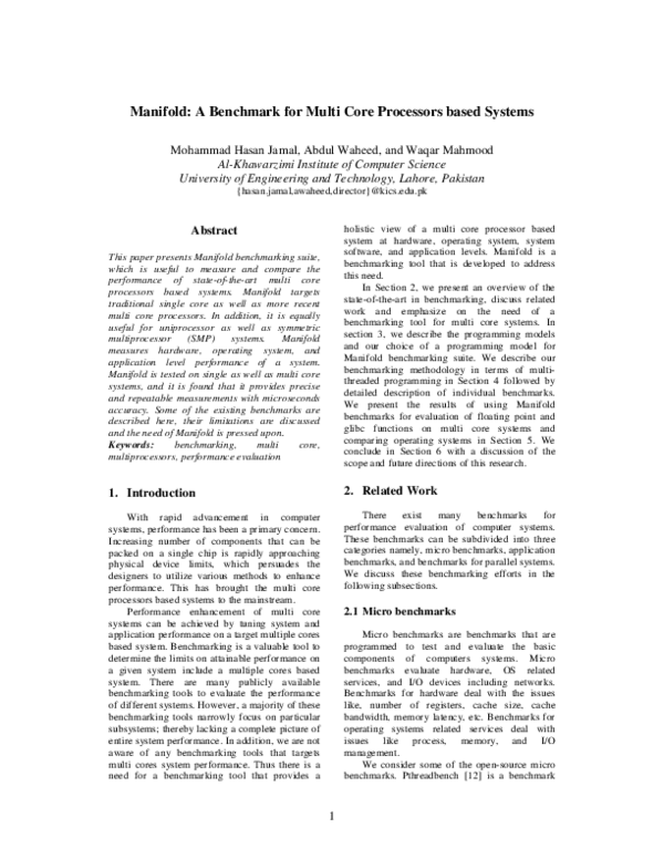 (PDF) Manifold: A Benchmark for Multi Core Processors based Systems