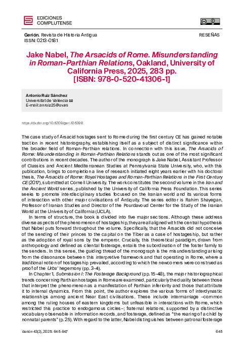 (PDF) Jake Nabel, The Arsacids of Rome. Misunderstanding in Roman ...