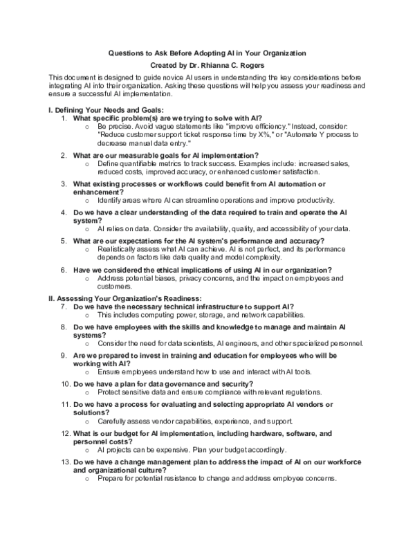 (PDF) Questions to Ask Before Adopting AI in Your Organization
