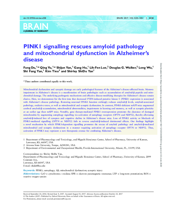 (PDF) PINK1 signalling rescues amyloid pathology and mitochondrial ...