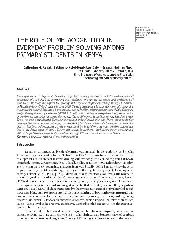 (PDF) The Role of Metacognition in Everyday Problem Solving Among ...