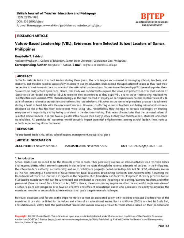 (PDF) Values-Based Leadership (VBL): Evidences from Selected School ...