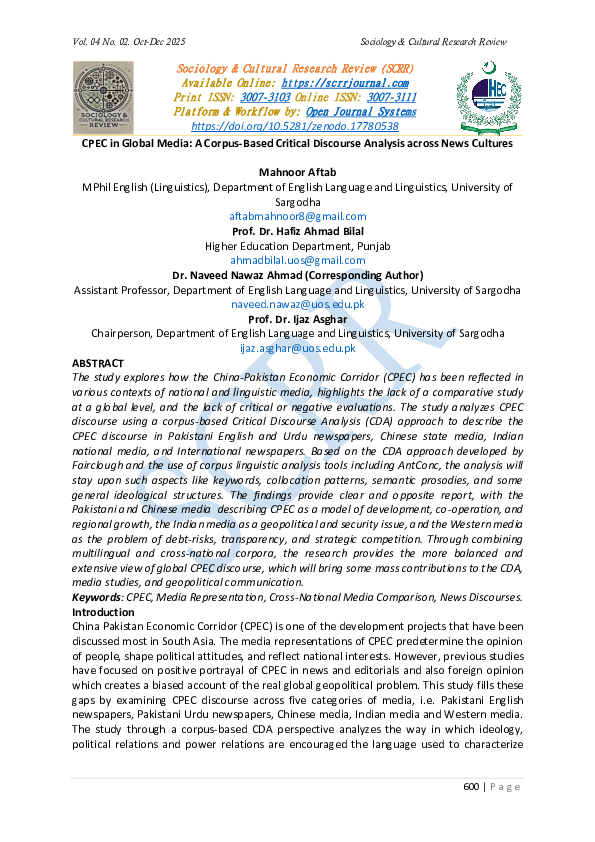 (PDF) CPEC in Global Media: A Corpus-Based Critical Discourse Analysis ...