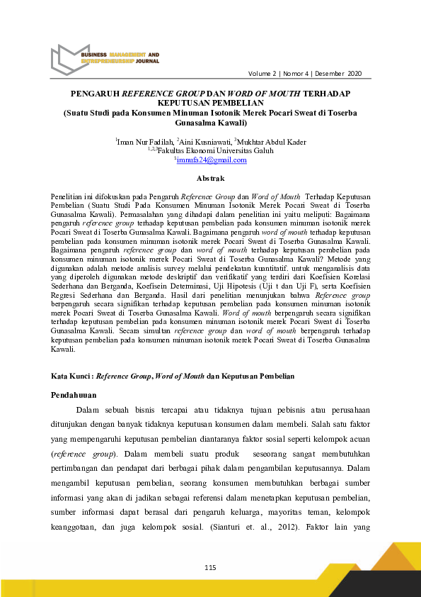 (PDF) PENGARUH REFERENCE GROUP DAN WORD OF MOUTH TERHADAP KEPUTUSAN ...