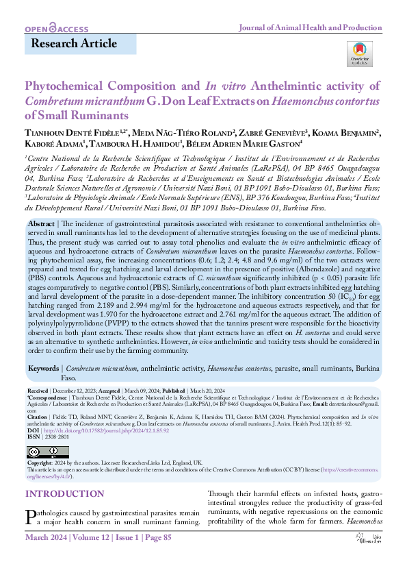 (PDF) Phytochemical Composition and In vitro Anthelmintic activity of ...